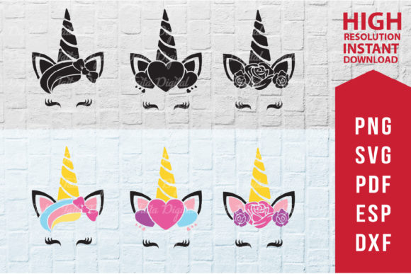 Unicorn Face 6 Pack Graphics for T-Shirt Designs